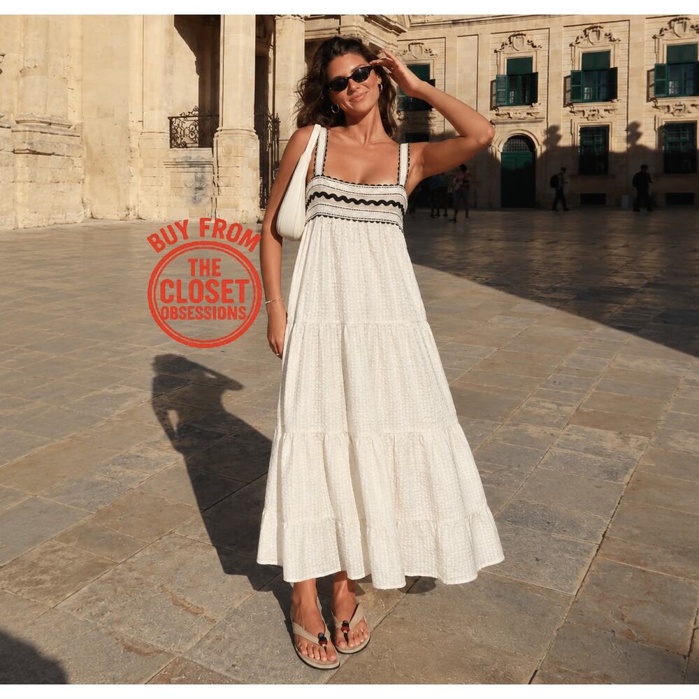 Zara NWT Cream Seersucker Cotton Tiered Midi Dress Lace Applique M - Picture 9 of 16